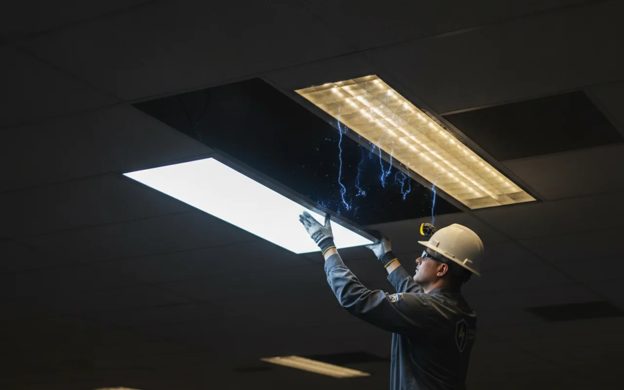 Electrician in a hard hat fitting an LED panel into a commercial ceiling grid during a fluorescent-to-LED retrofit in Calgary
