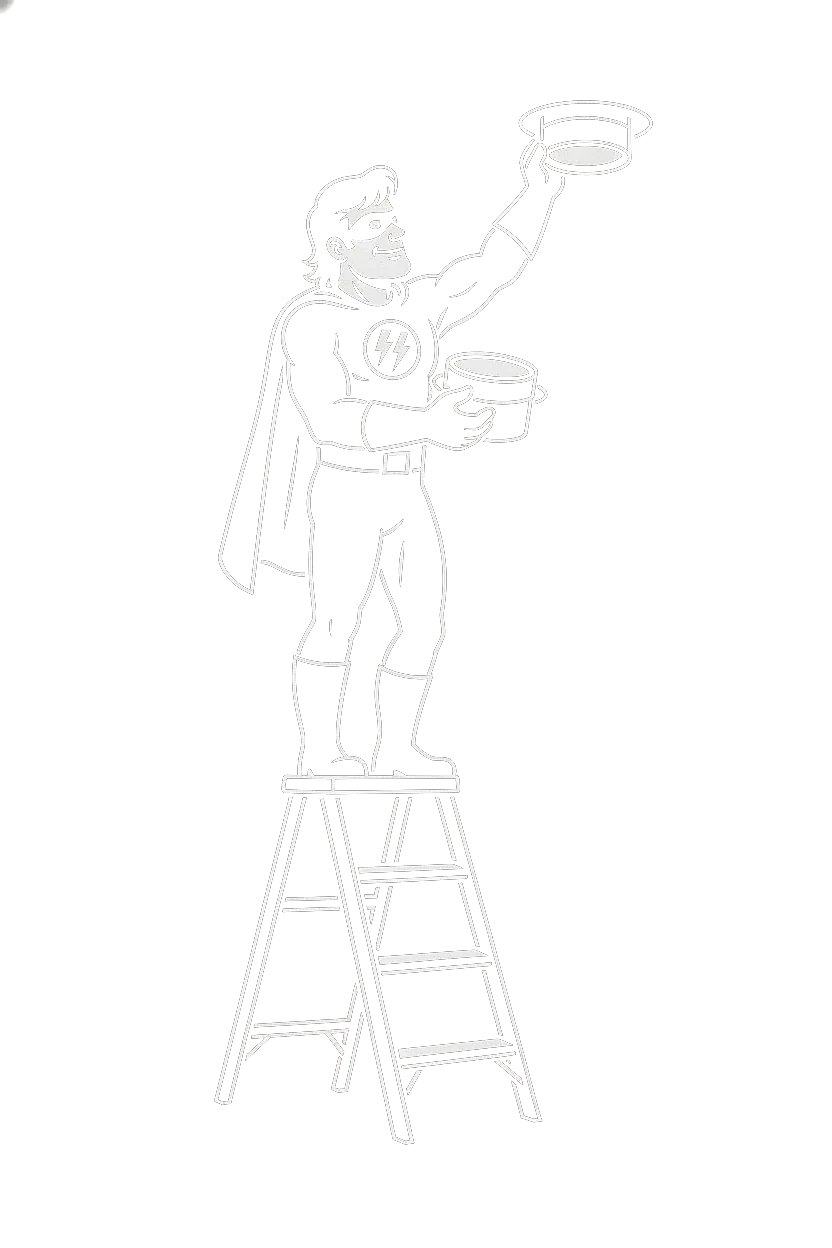 Shock Stop mascot on a stepladder fitting a pot light into the ceiling