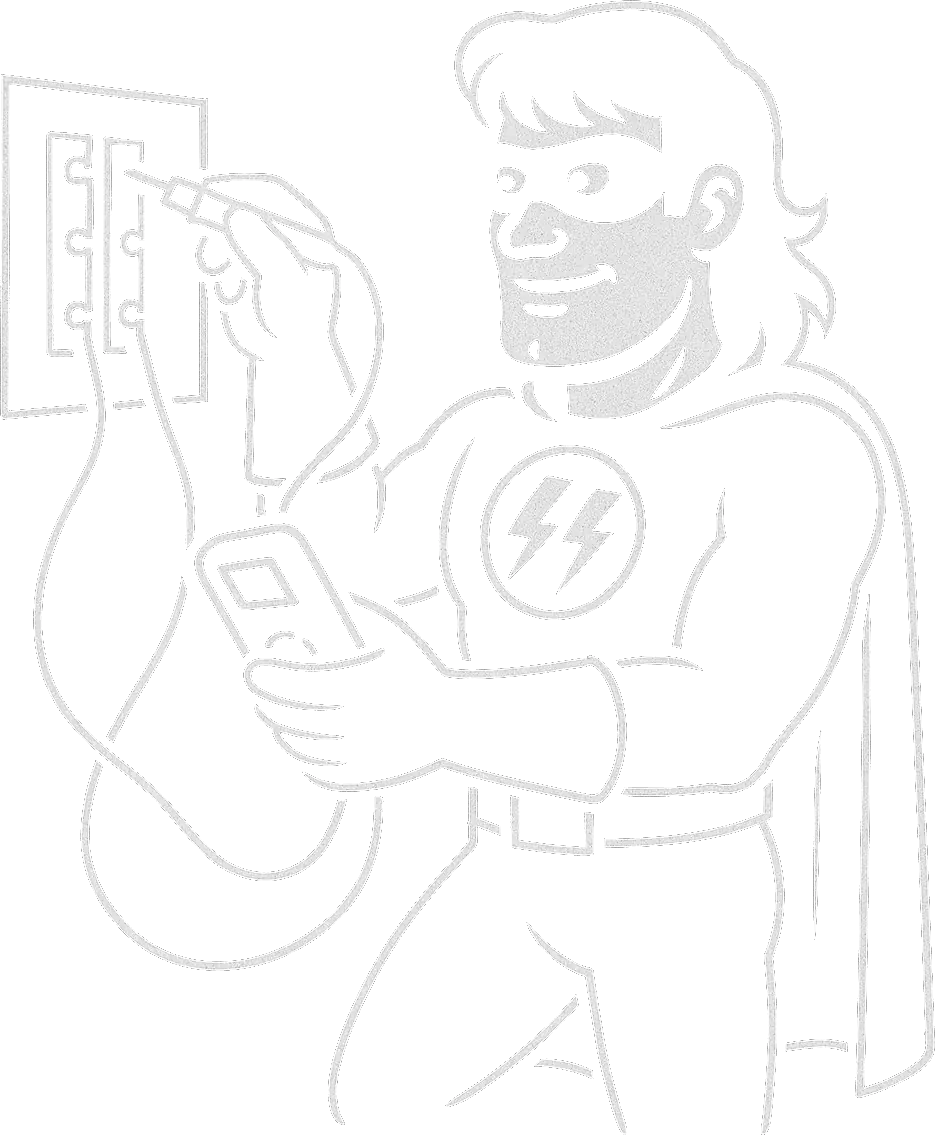 Shock Stop mascot testing a wall outlet with a multimeter