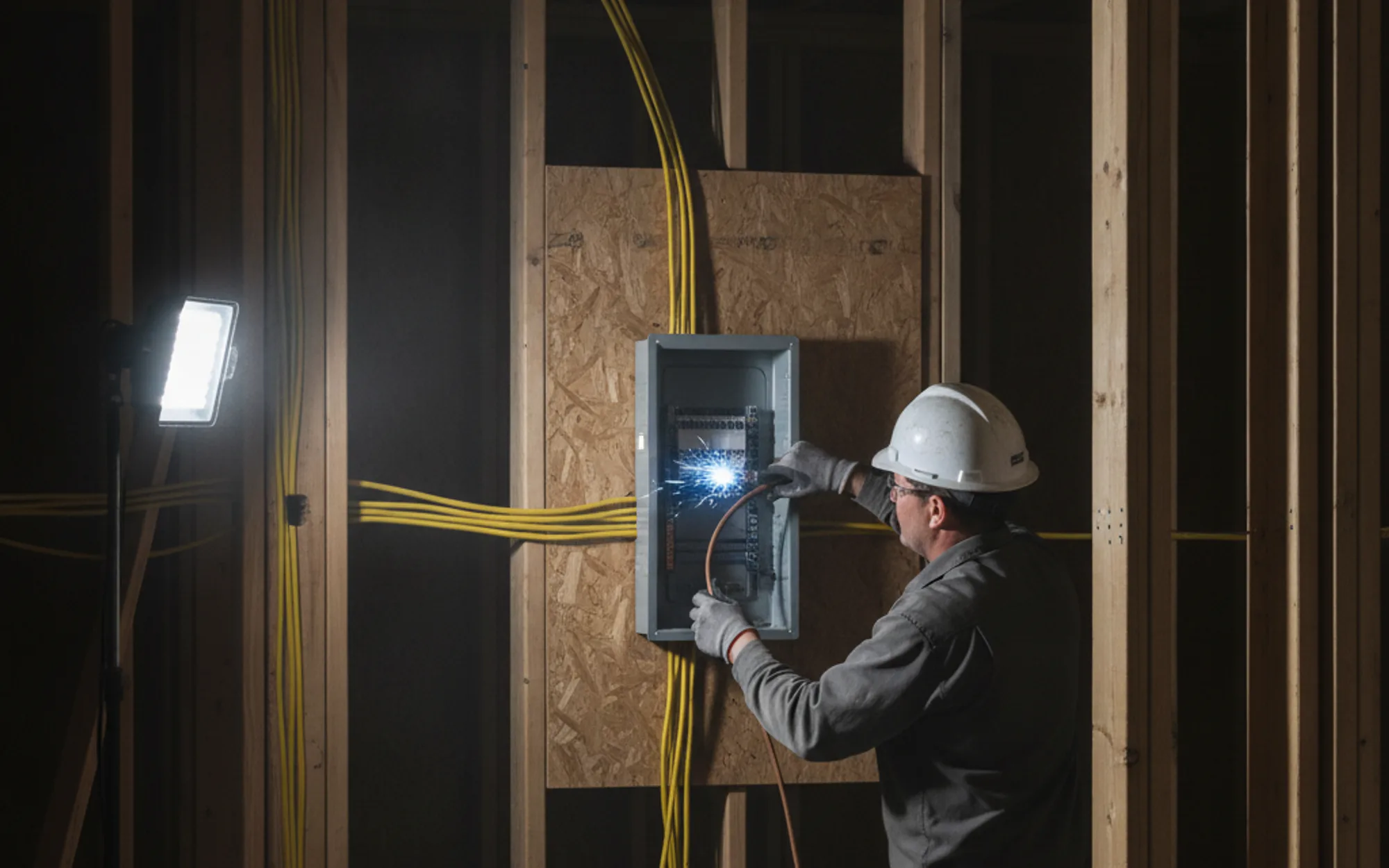 Electrician in a hard hat working at a new panel with yellow cable runs through open framing during a Calgary renovation