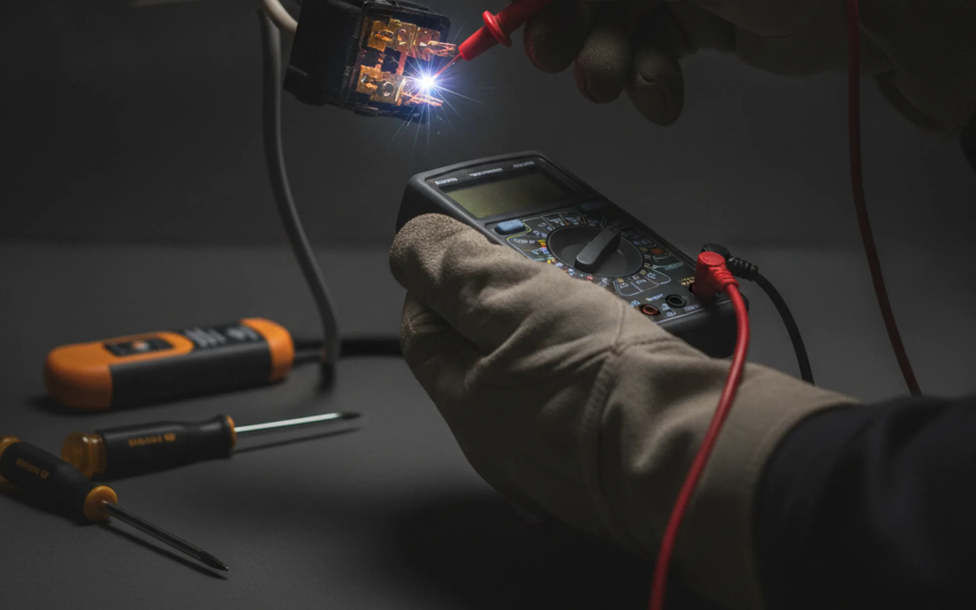 Gloved electrician testing a sparking electrical component with a multimeter during an emergency repair call in Calgary